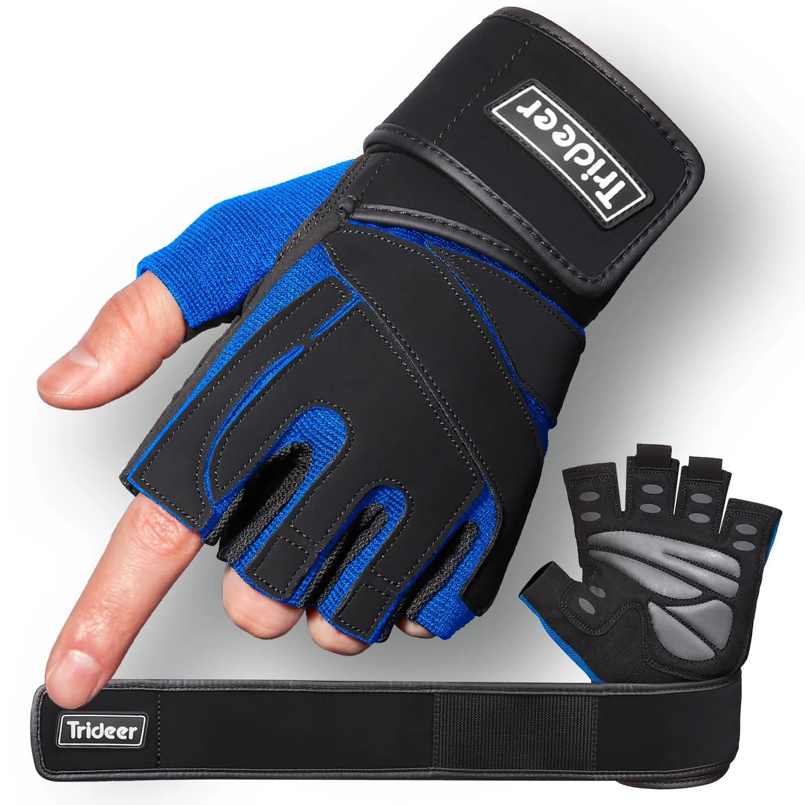 Trideer Workout Gloves with Wrist Wraps - Blue-Black, Large Size - Full Palm Protection & Grip - main product image