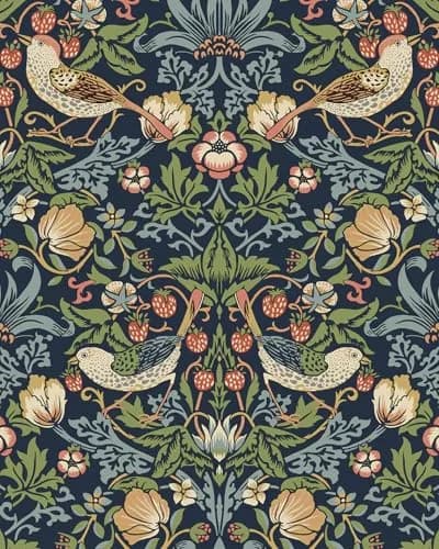 NextWall Seabrook Designs Fragaria Garden Vintage Prepasted Wallpaper (Midnight Blue) | Floral Pattern, 56 sq. ft, USA Design thumbnail 1