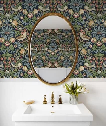 NextWall Seabrook Designs Fragaria Garden Vintage Prepasted Wallpaper (Midnight Blue) | Floral Pattern, 56 sq. ft, USA Design thumbnail 4