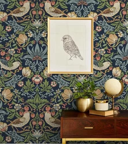 NextWall Seabrook Designs Fragaria Garden Vintage Prepasted Wallpaper (Midnight Blue) | Floral Pattern, 56 sq. ft, USA Design thumbnail 5