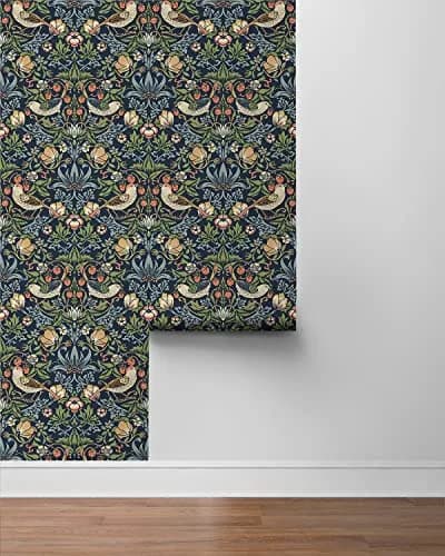 NextWall Seabrook Designs Fragaria Garden Vintage Prepasted Wallpaper (Midnight Blue) | Floral Pattern, 56 sq. ft, USA Design thumbnail 6