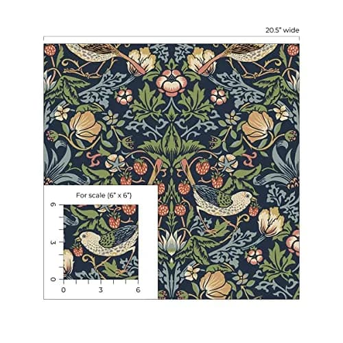 NextWall Seabrook Designs Fragaria Garden Vintage Prepasted Wallpaper (Midnight Blue) | Floral Pattern, 56 sq. ft, USA Design thumbnail 7