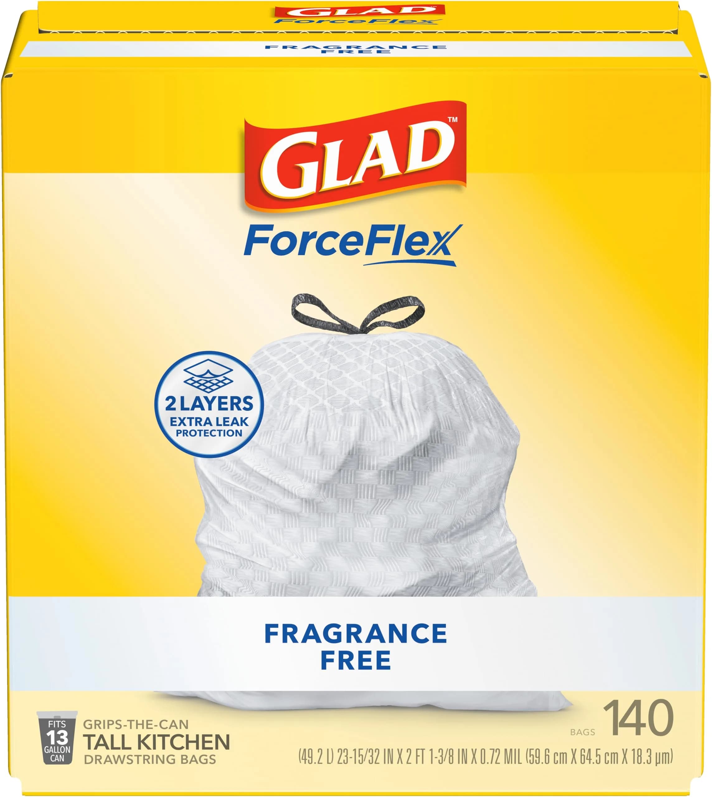 Glad ForceFlex Tall Kitchen Drawstring Trash Bags, Fragrance Free, 140 Count | Strong, Reliable, and Mess-Free Kitchen Waste Disposal