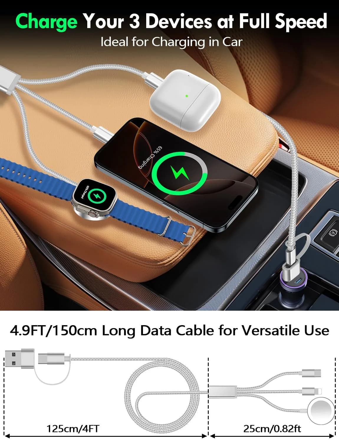 xiwxi 3-in-2 Multi Charging Cable for Apple Watch, iPhone, USB-C (1.5M/5FT, All White) | Travel-Ready Power Solution - view 7