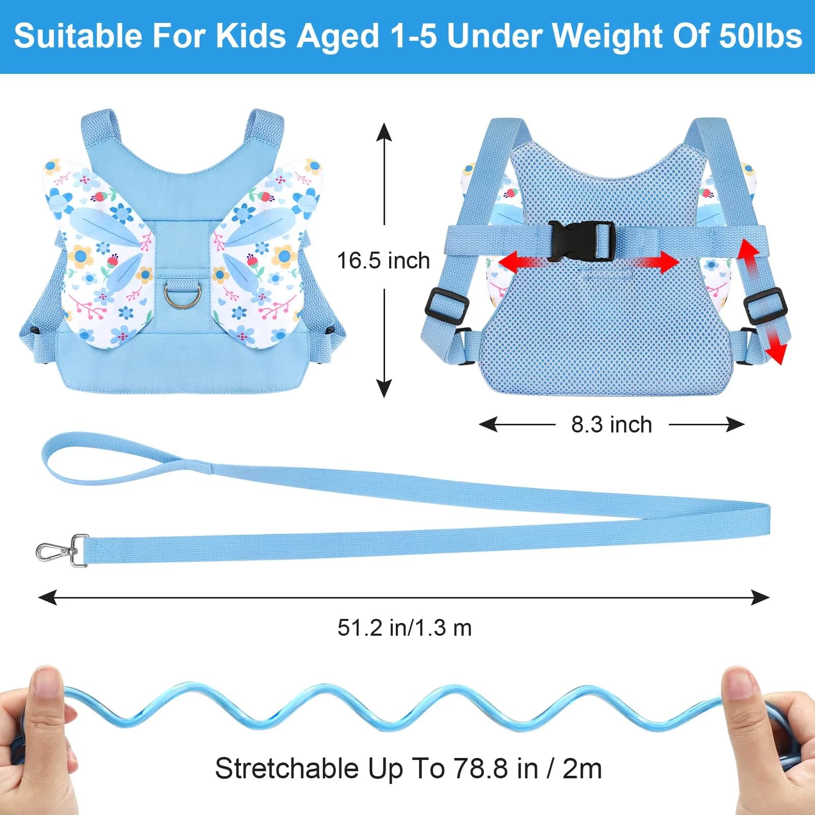 Accmor Butterfly Toddler Harness Leash with Anti-Lost Wrist Link, Sky Blue/Flower, 1-5 Years - view 2