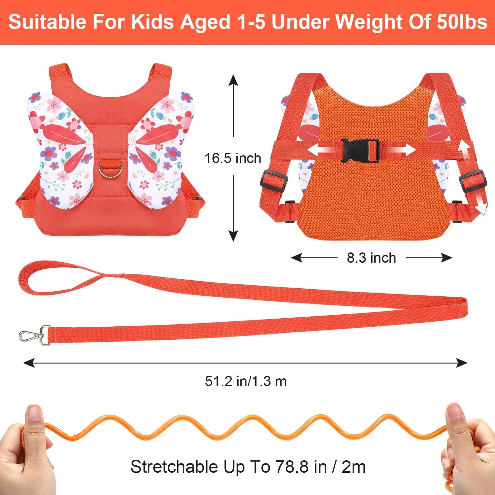 Accmor Orange Flower Toddler Harness Leash with Anti-Lost Wrist Link for Girls & Boys, 1-5 Years - view 2
