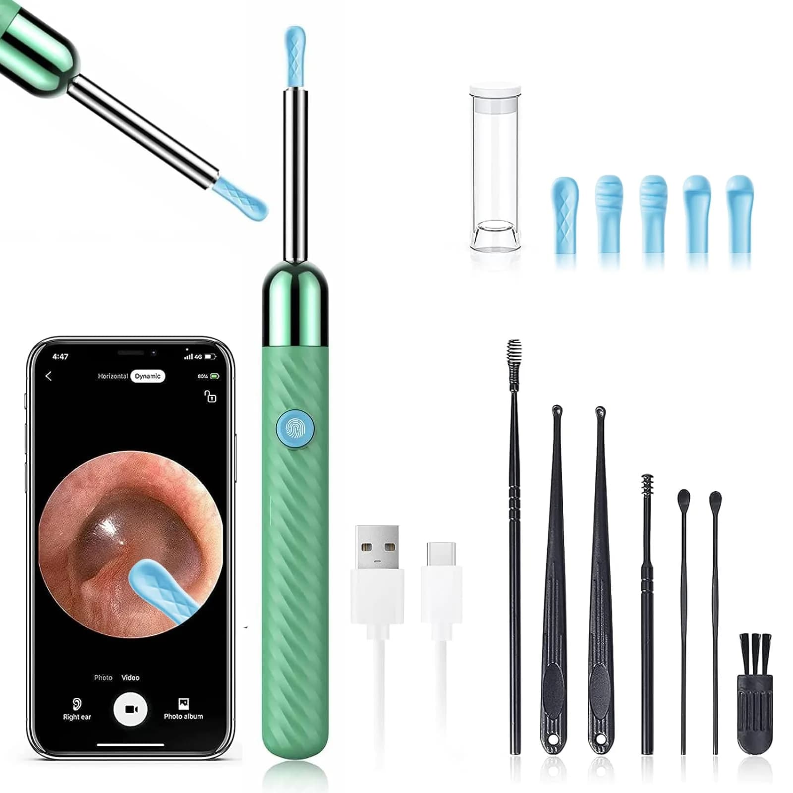 LEIPUT Ear Wax Removal Tool Camera with 8 Pcs Ear Set, 1080P HD Camera & 6 Ear Spoons - Green - main product image