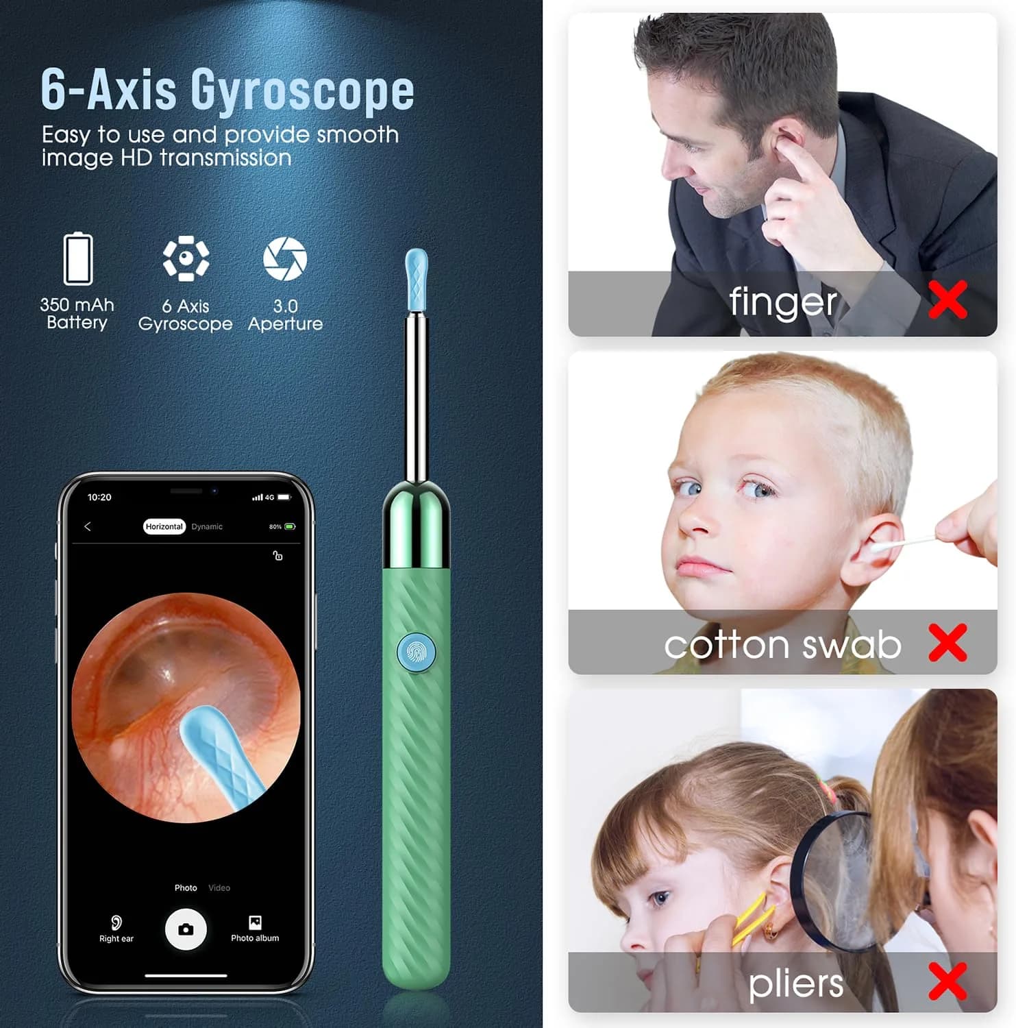 LEIPUT Ear Wax Removal Tool Camera with 8 Pcs Ear Set, 1080P HD Camera & 6 Ear Spoons - Green - view 4