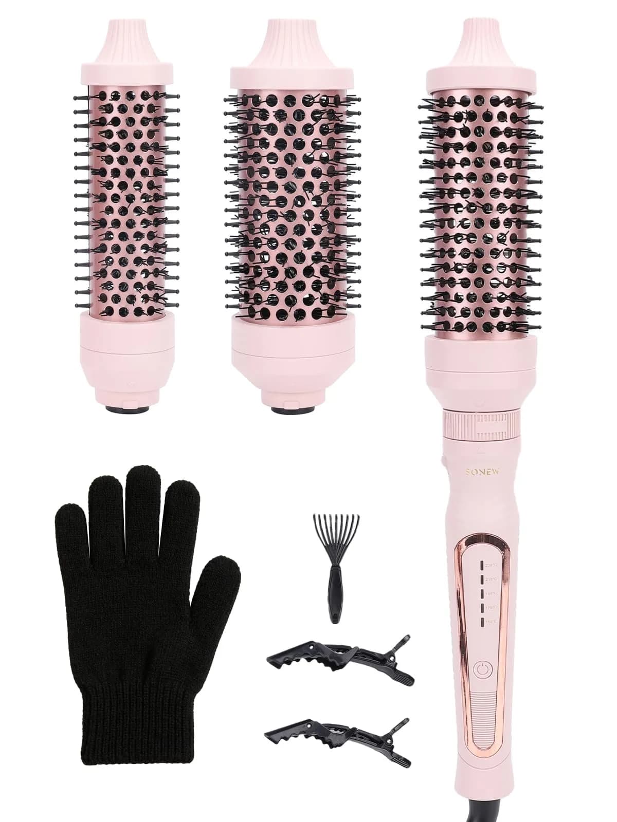 Sonew Heated Round Brush Thermal Curling Brush Set 3 Sizes, Pink | 5 Temperature Settings, Ion Ceramic Coating, Rapid Heat-Up — Pink