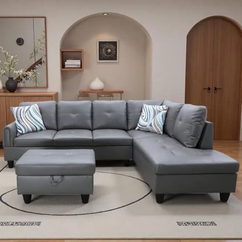Topcomfy Leather L-Shaped Couch Set, 97.5" L x 69.5" W in Grey | Modular, Skin-Friendly, Durable thumbnail 1
