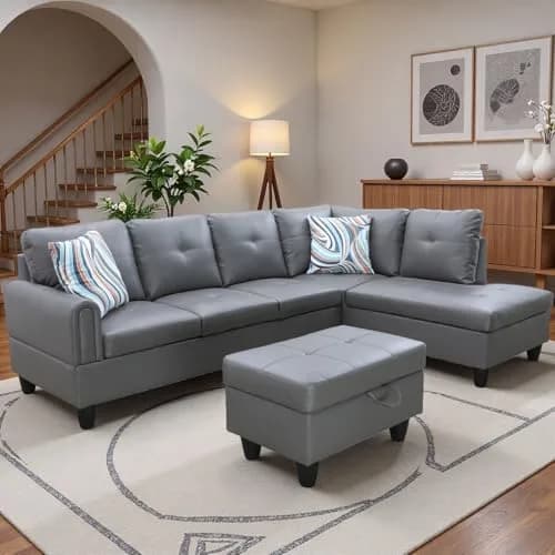 Topcomfy Leather L-Shaped Couch Set, 97.5" L x 69.5" W in Grey | Modular, Skin-Friendly, Durable thumbnail 5