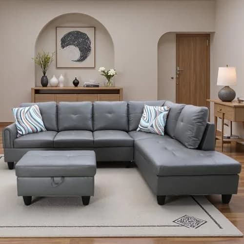Topcomfy Leather L-Shaped Couch Set, 97.5" L x 69.5" W in Grey | Modular, Skin-Friendly, Durable thumbnail 7