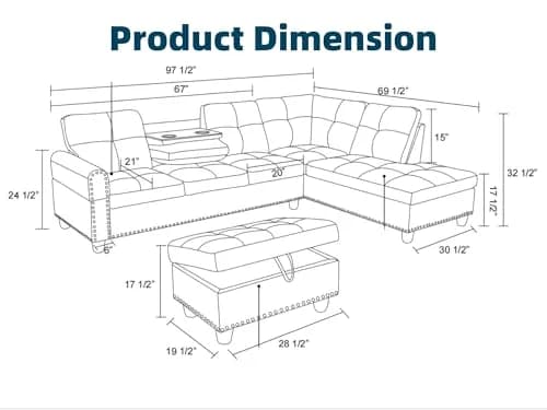 Topcomfy L-Shaped Couch Set, 97.5" L x 69.5" W Linen Grey | Modular Living Room Sofa thumbnail 2