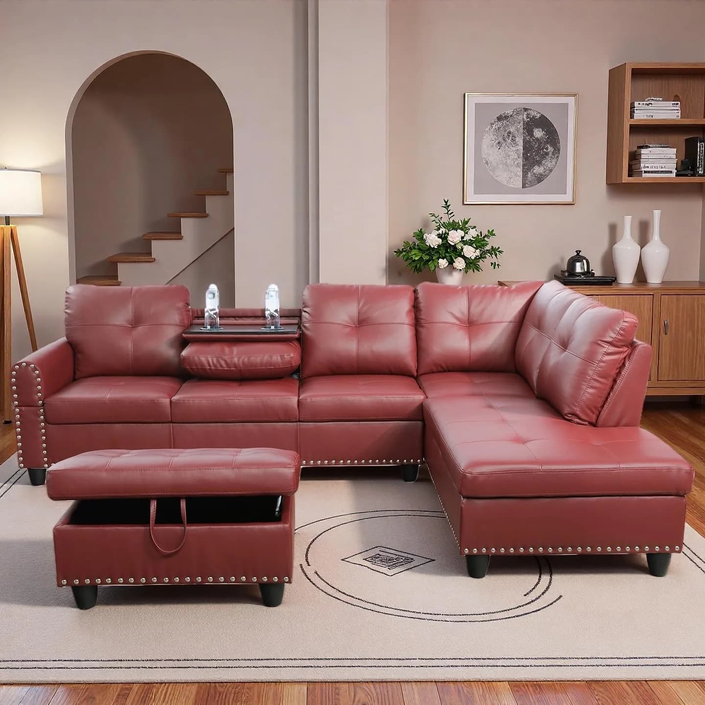 Topcomfy Leather L-Shaped Couch Set, 97.5" L x 69.5" W, Red | Modular Living Room Sofa with Storage