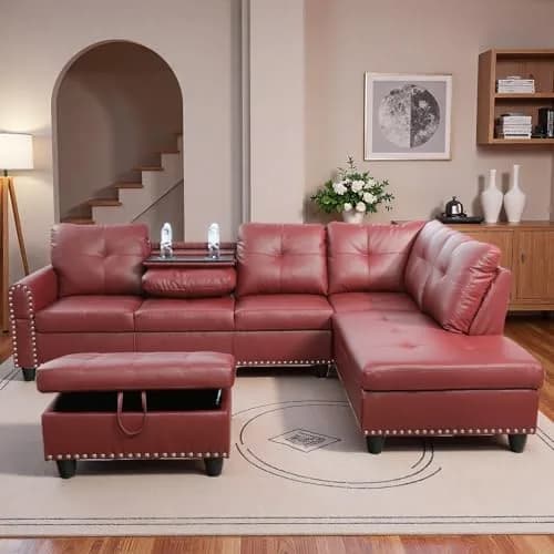 Topcomfy Leather L-Shaped Couch Set, 97.5" L x 69.5" W, Red | Modular Living Room Sofa with Storage thumbnail 1