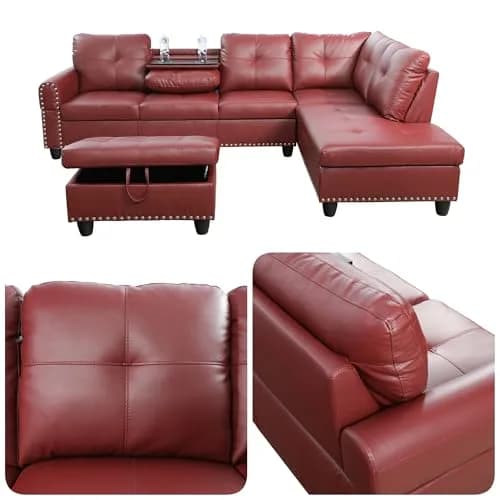 Topcomfy Leather L-Shaped Couch Set, 97.5" L x 69.5" W, Red | Modular Living Room Sofa with Storage thumbnail 4