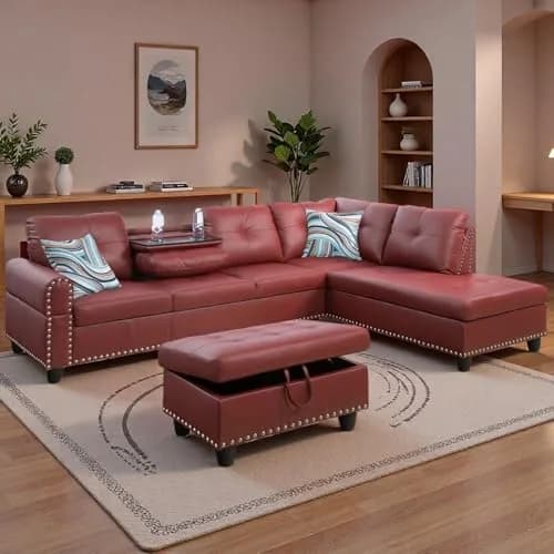 Topcomfy Leather L-Shaped Couch Set, 97.5" L x 69.5" W, Red | Modular Living Room Sofa with Storage thumbnail 5