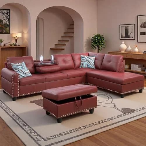 Topcomfy Leather L-Shaped Couch Set, 97.5" L x 69.5" W, Red | Modular Living Room Sofa with Storage thumbnail 6