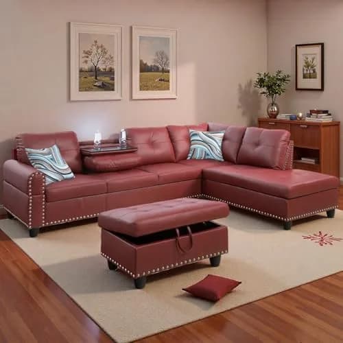 Topcomfy Leather L-Shaped Couch Set, 97.5" L x 69.5" W, Red | Modular Living Room Sofa with Storage thumbnail 7