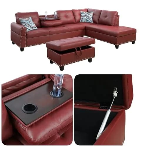 Topcomfy Leather L-Shaped Couch Set, 97.5" L x 69.5" W, Red | Modular Living Room Sofa with Storage thumbnail 3