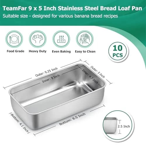 TeamFar Stainless Steel Loaf Pans for Baking, 9.25 x 5 Inch (23.5 x 12.7 cm) - Set of 10 | Healthy & Sturdy Baking Tins thumbnail 2