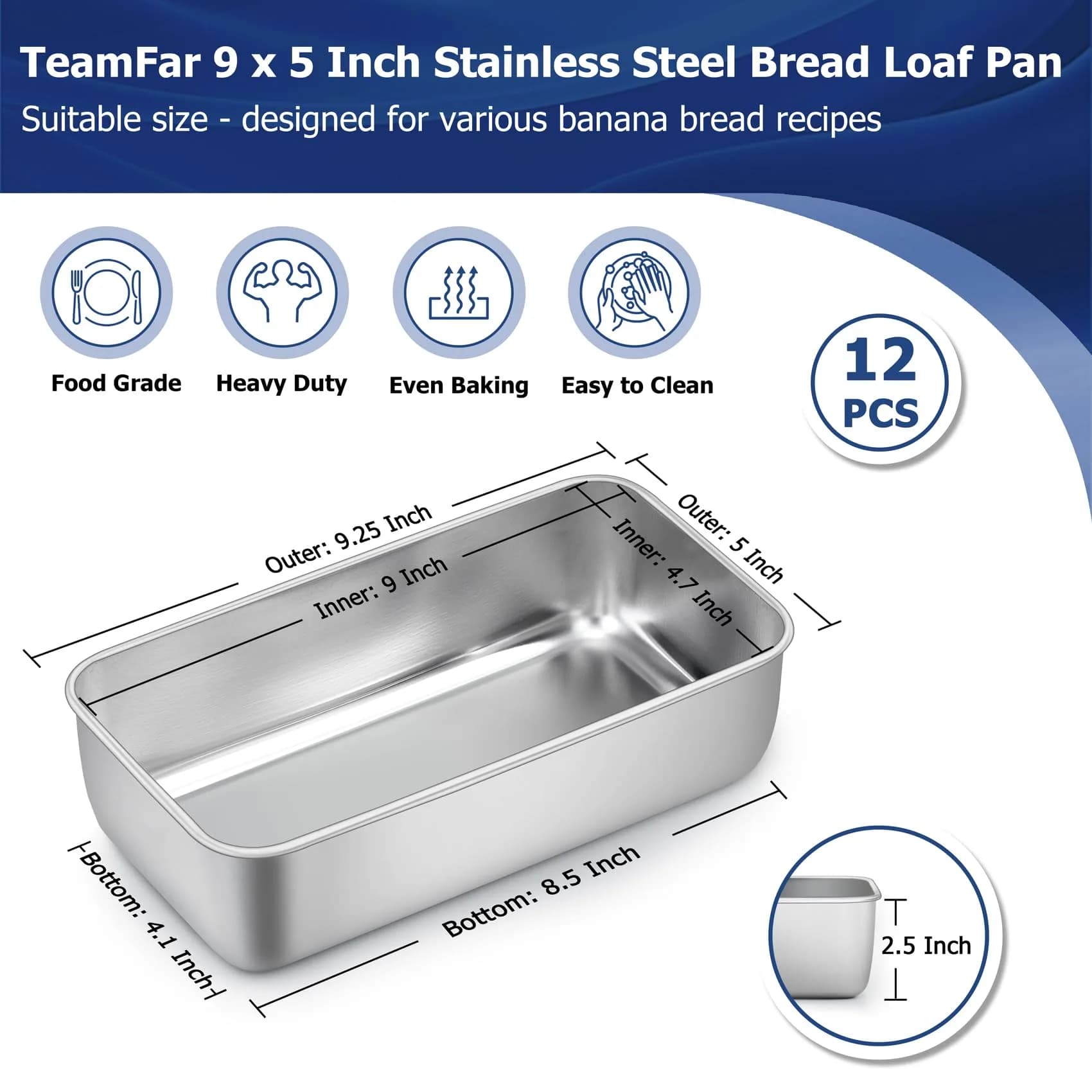 TeamFar Stainless Steel Loaf Pans for Baking, 9.25 x 5 Inch, Set of 12 | Healthy & Sturdy Baking Pans for Homemade Bread - view 2