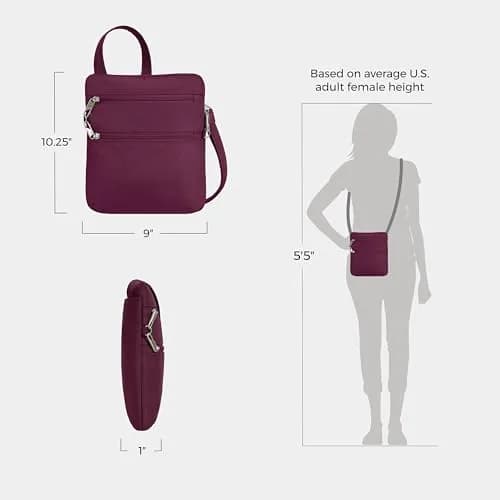 Travelon Anti-Theft Classic Slim Double Zip Crossbody | RFID Blocking, 9"W x 10.5"H x 1"D, Burgundy thumbnail 4