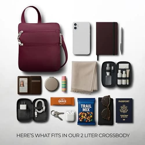 Travelon Anti-Theft Classic Slim Double Zip Crossbody | RFID Blocking, 9"W x 10.5"H x 1"D, Burgundy thumbnail 6