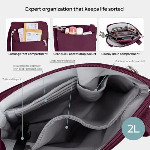 Travelon Anti-Theft Classic Slim Double Zip Crossbody | RFID Blocking, 9"W x 10.5"H x 1"D, Burgundy thumbnail 7
