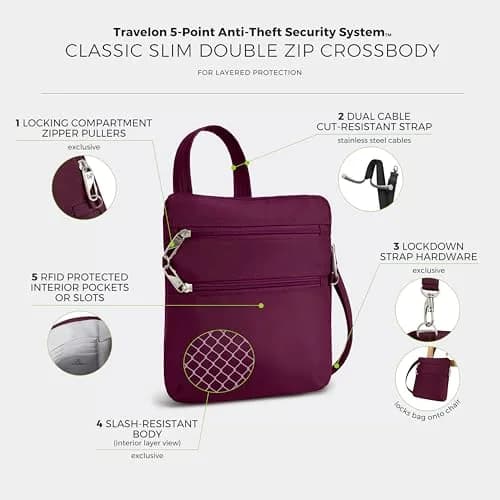 Travelon Anti-Theft Classic Slim Double Zip Crossbody | RFID Blocking, 9"W x 10.5"H x 1"D, Burgundy thumbnail 3