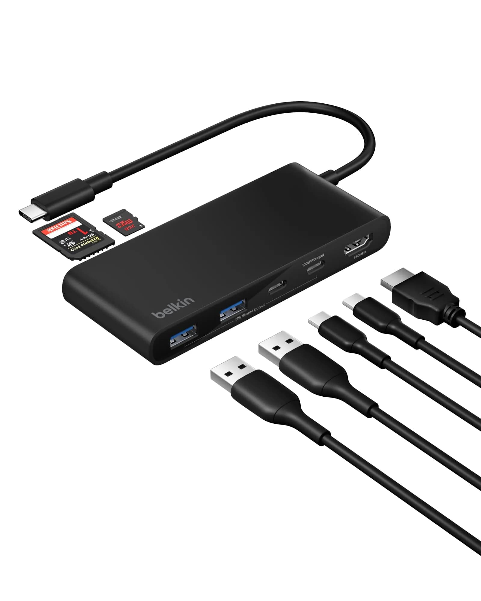 Belkin 7-Port USB-C Hub with 4K HDMI 100W PD, SD/MicroSD Card Readers, 5Gbps Data Transfer | 12.1cm x 5.1cm x 1.6cm — Black