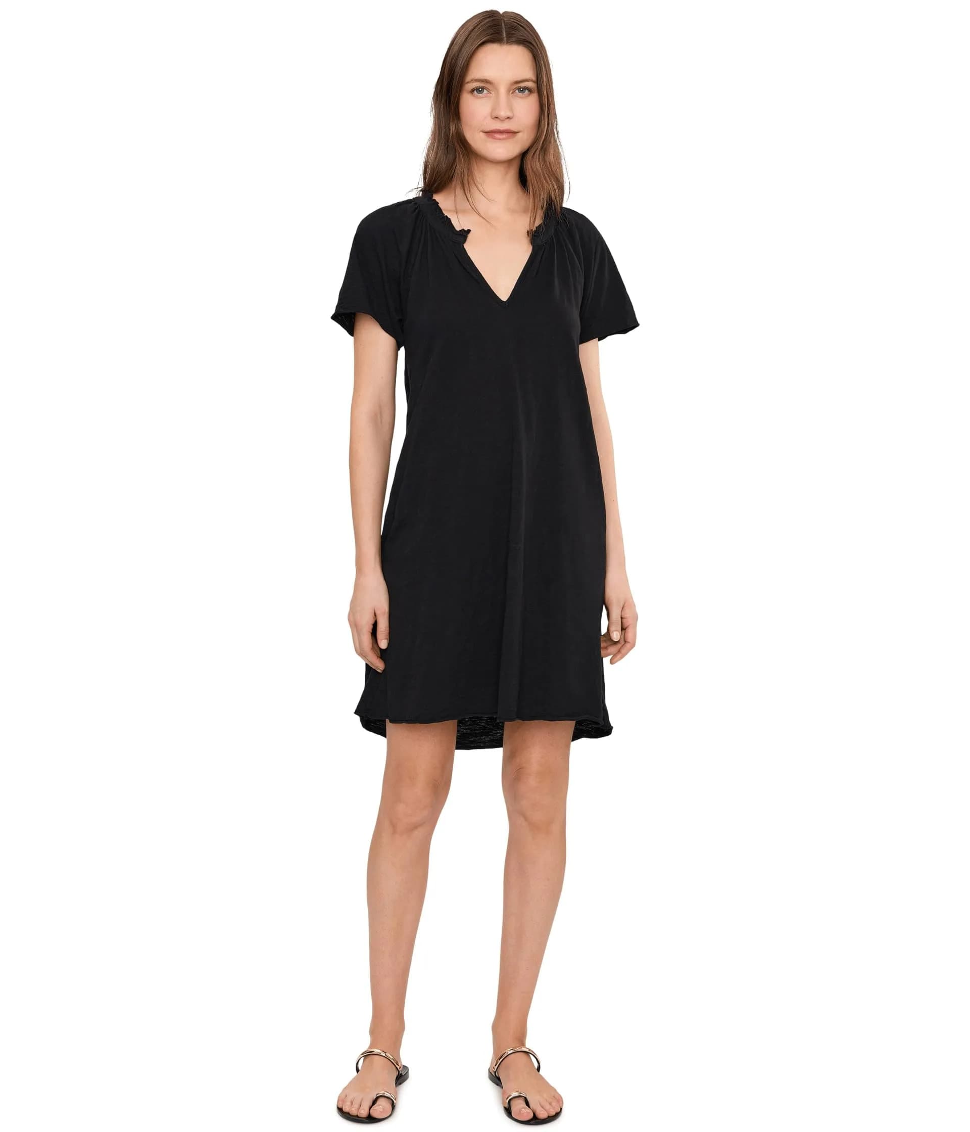 Mod-O-Doc Women's Short Sleeve Shirred Split-Neck Dress | 100% Cotton, Black, X-Small — Black