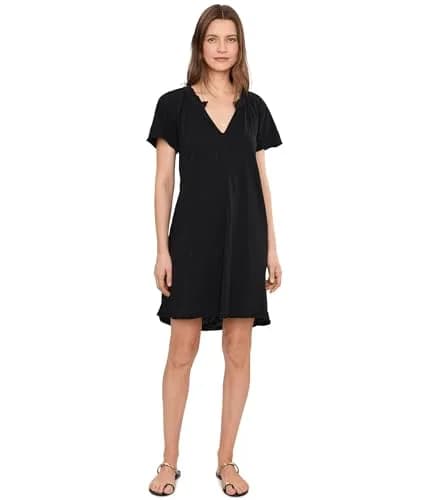 Mod-O-Doc Women's Short Sleeve Shirred Split-Neck Dress | 100% Cotton, Black, X-Small thumbnail 1