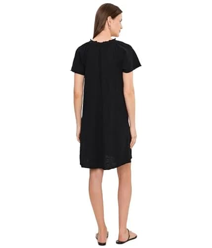 Mod-O-Doc Women's Short Sleeve Shirred Split-Neck Dress | 100% Cotton, Black, X-Small thumbnail 4