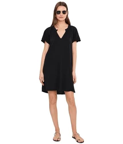 Mod-O-Doc Women's Short Sleeve Shirred Split-Neck Dress | 100% Cotton, Black, X-Small thumbnail 2