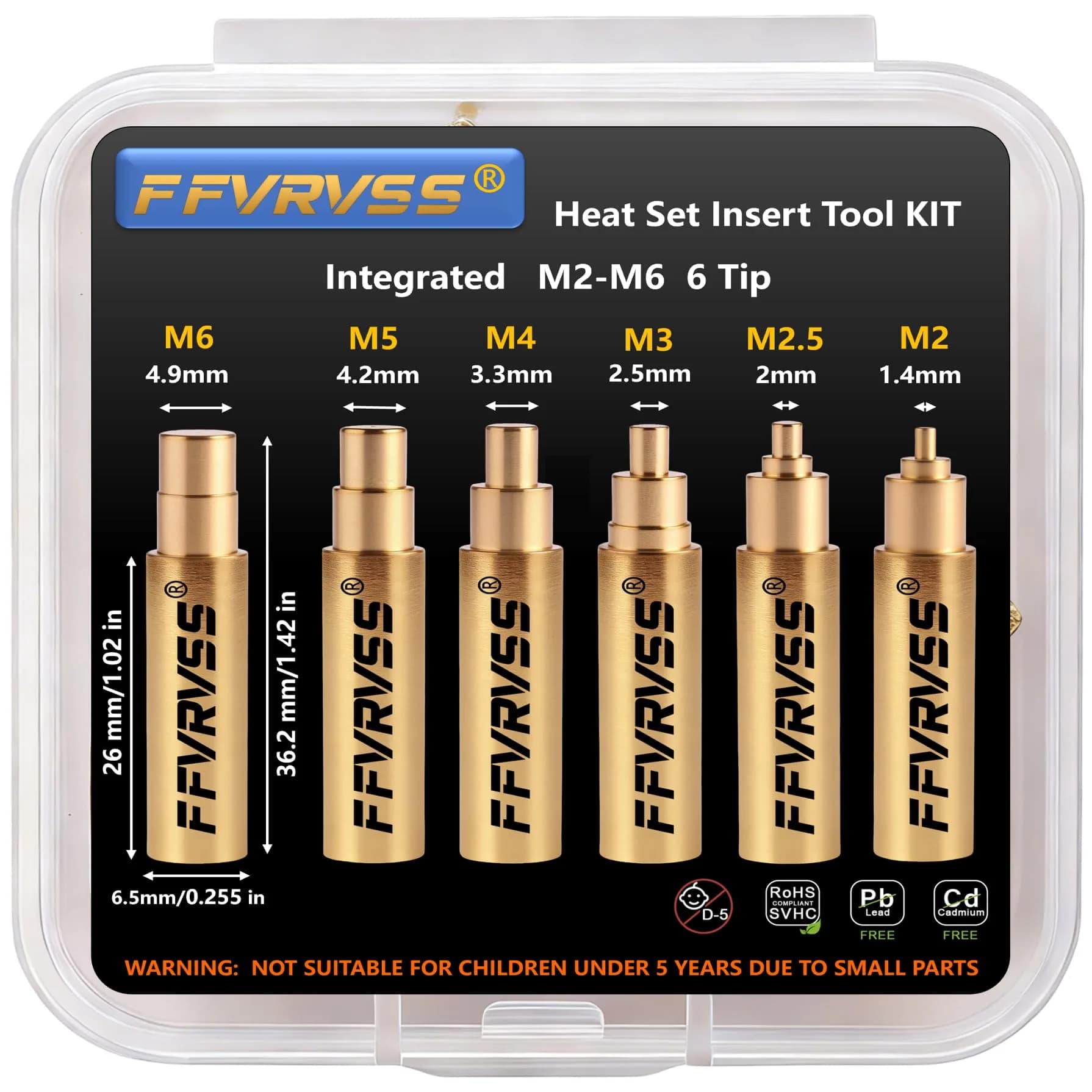 FFVRVSS Integrated Heat Set Insert Tool 6X Soldering Tips M2-M6 | Precision Brass Tips for 3D Printer Parts - main product image