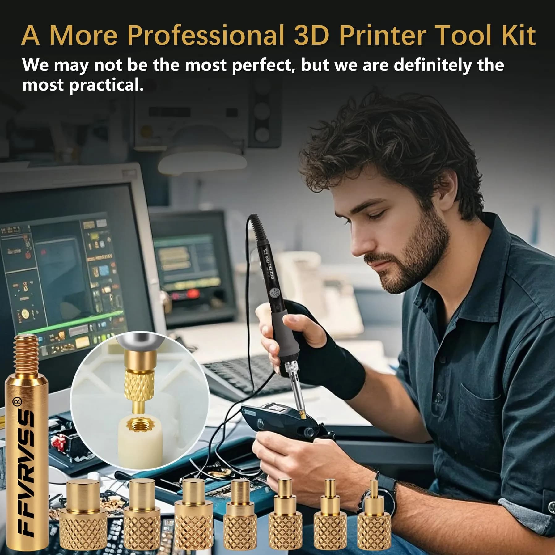 FFVRVSS Heat Set Insert Tool Kit with 7 Brass Tips & Adapter for M2-M8 Threads | Precision Brass Construction - view 5