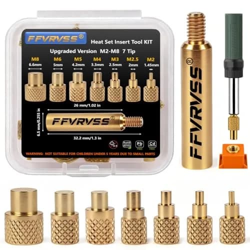 FFVRVSS Heat Set Insert Tool Kit with 7 Brass Tips & Adapter for M2-M8 Threads | Precision Brass Construction thumbnail 1