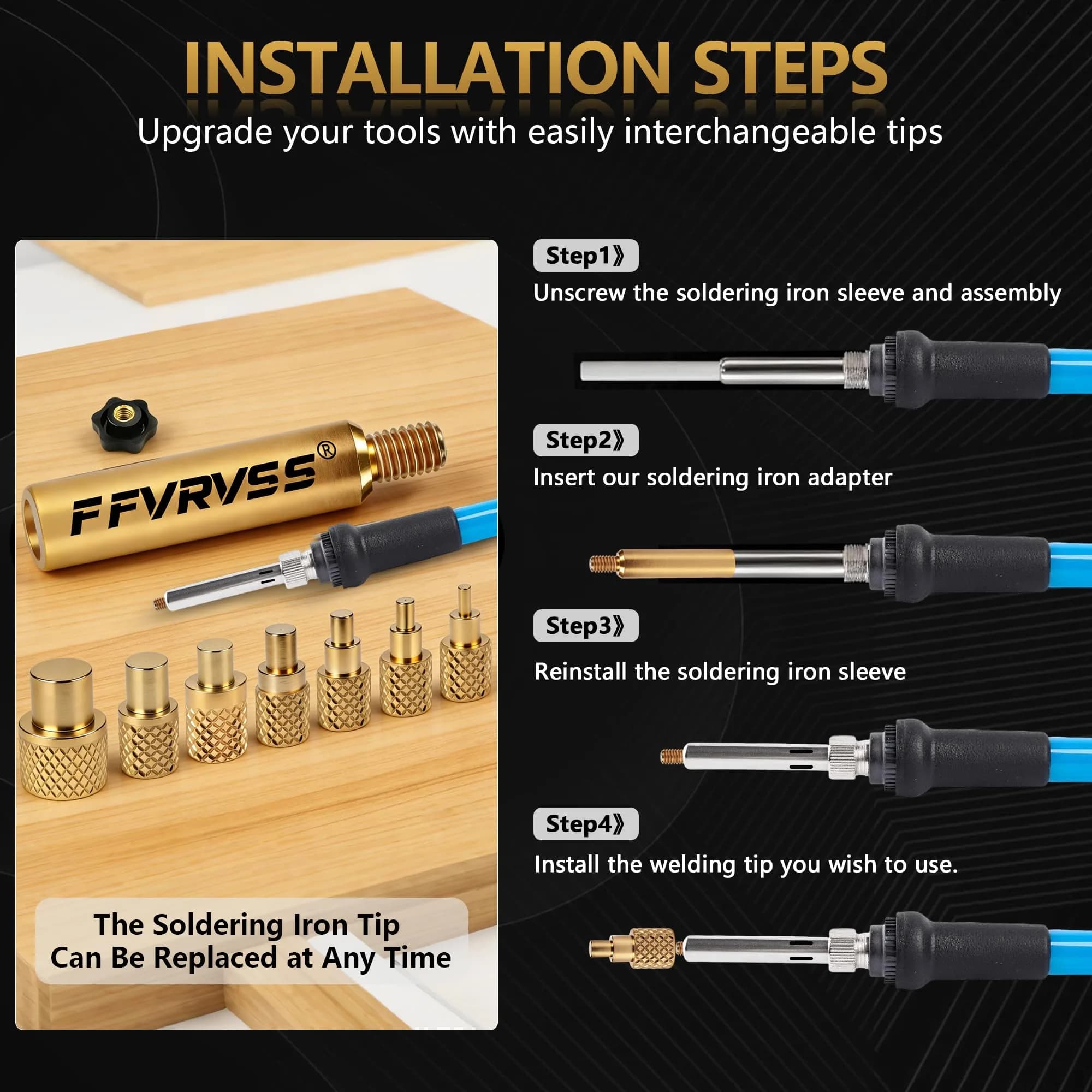FFVRVSS Heat Set Insert Tool Kit with 7 Brass Tips & Adapter for M2-M8 Threads | Precision Brass Construction - view 3