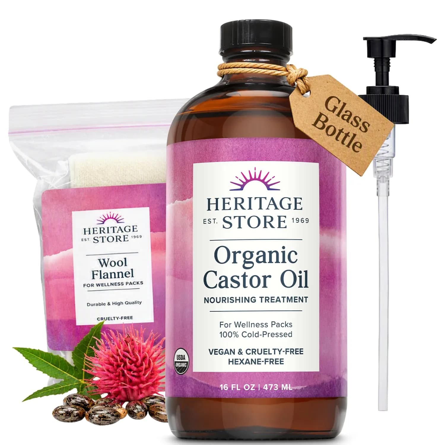 HERITAGE STORE USDA Organic Castor Oil with Pump & Wool Flannel Cloth 473ml (16 Fl Oz) | Cold-Pressed, Hexane-Free, Vegan