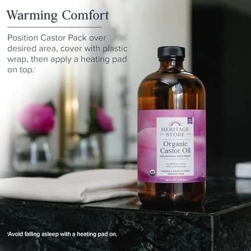 HERITAGE STORE USDA Organic Castor Oil with Pump & Wool Flannel Cloth 473ml (16 Fl Oz) | Cold-Pressed, Hexane-Free, Vegan thumbnail 4