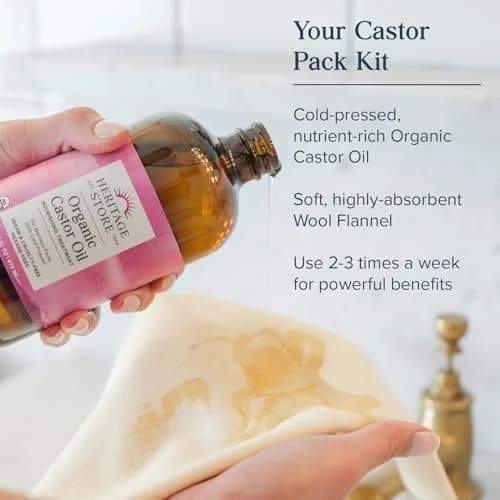 HERITAGE STORE USDA Organic Castor Oil with Pump & Wool Flannel Cloth 473ml (16 Fl Oz) | Cold-Pressed, Hexane-Free, Vegan thumbnail 3