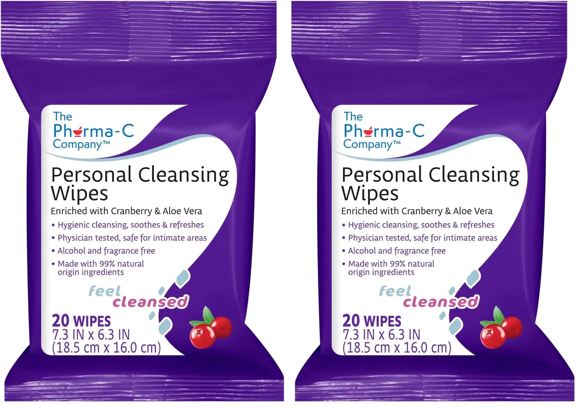 The Pharma-C Company Personal Cleansing Wipes 20 Wipes | Enriched with Cranberry & Aloe Vera, pH Balanced, Gentle & Flushable
