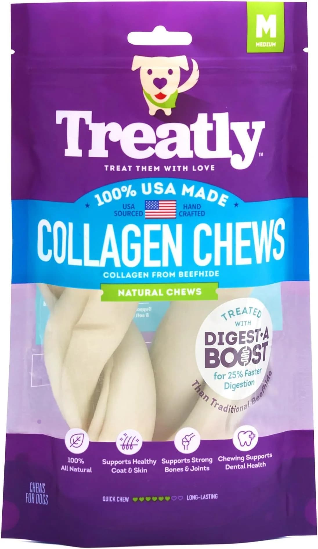 Treatly Collagen Twist Dog Chew Treats 6-7" Natural Flavor | USA Sourced Chew for Medium Dogs