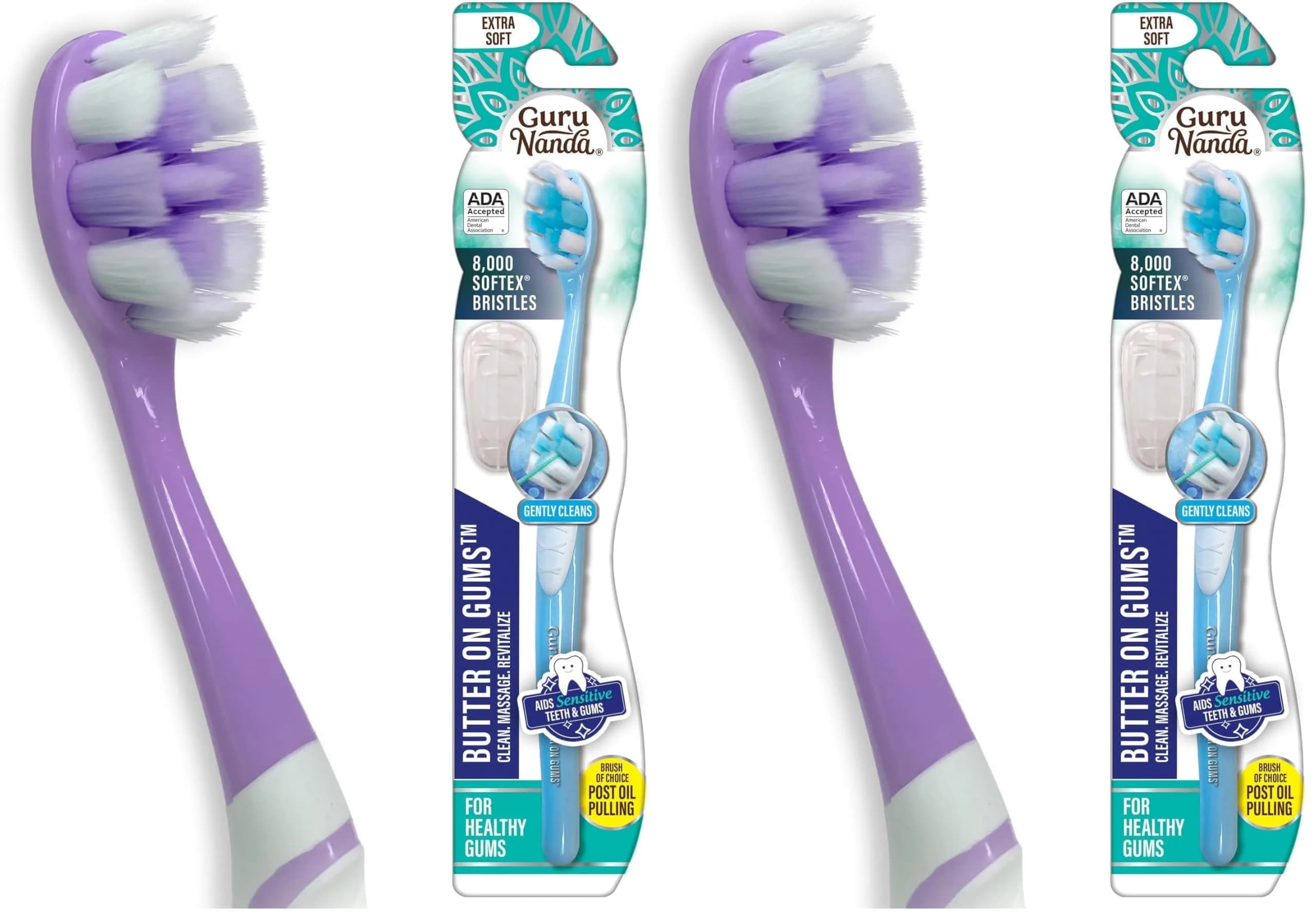 GuruNanda Butter On Gums Toothbrush Teal, Purple, Blue 25.4cm (9.4in) | ADA Accepted Ultra Soft Bristles for Sensitive Gums