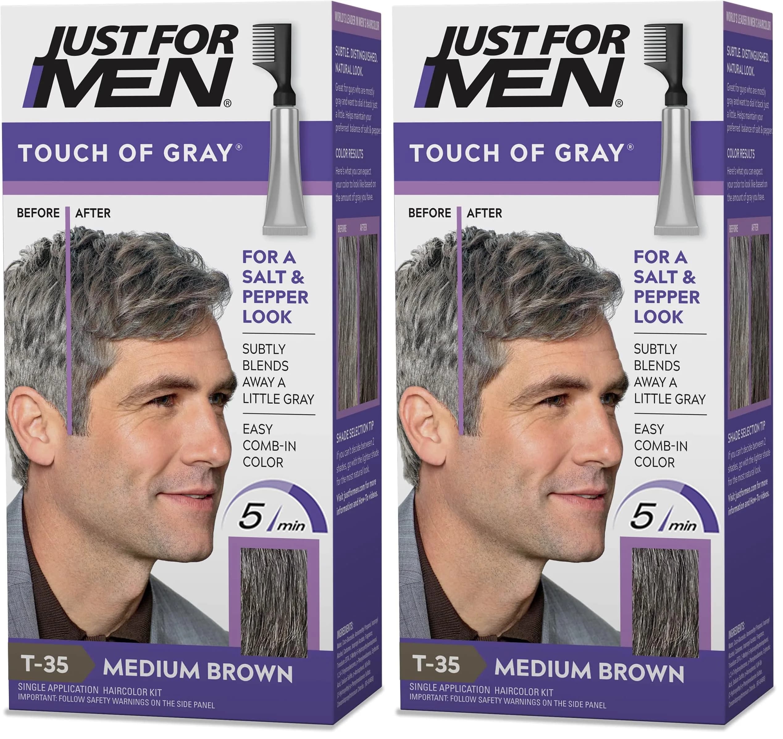 Just For Men Touch of Gray Hair Color Kit Medium Brown T-35 (Pack of 2) | Blends Gray for Salt and Pepper Look — Medium Brown T-35