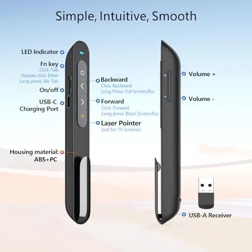Norwii N76 Bluetooth Presentation Clicker with Green Pointer & USB-C Rechargeable Battery | 328ft Wireless Range thumbnail 7