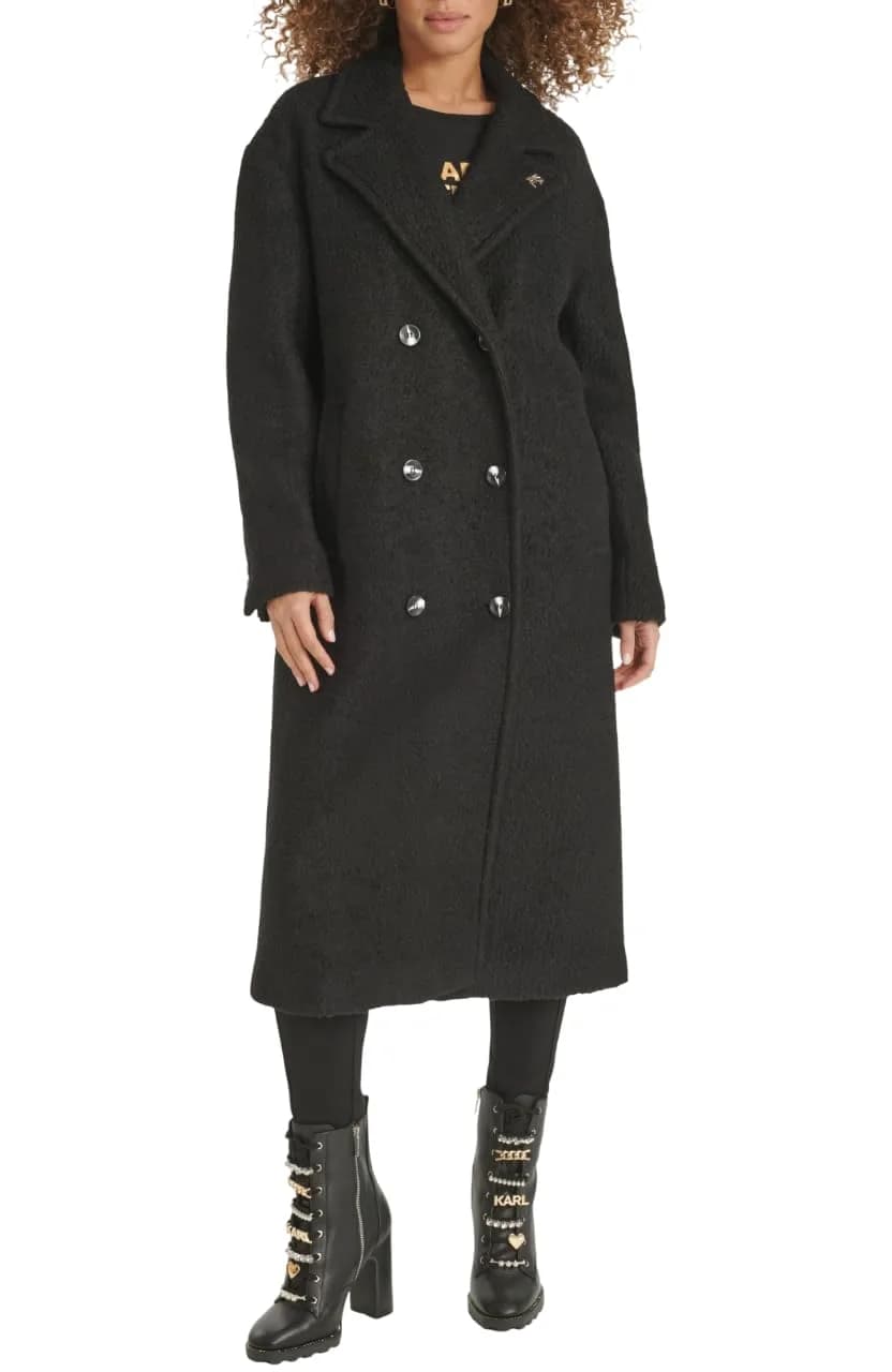 KARL LAGERFELD Paris Women's Classic Long Double Breasted Wool Peacoat Black, X-Small | Timeless Style & Warmth