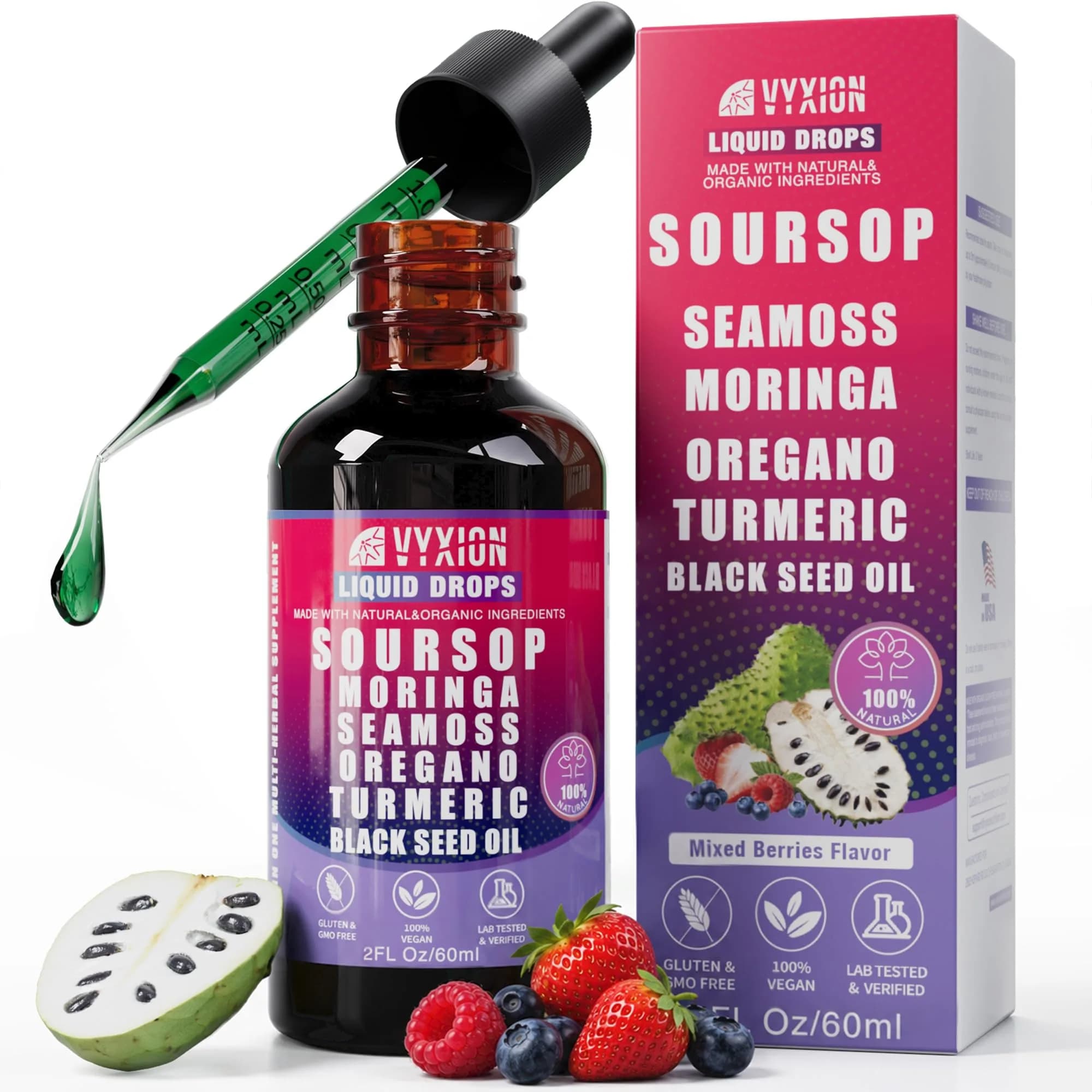 Vyxion Soursop Bitters Liquid Drops 2 Fl Oz Mango | 10-in-1 Herbal Extracts for Overall Wellness — 2 Fl Oz