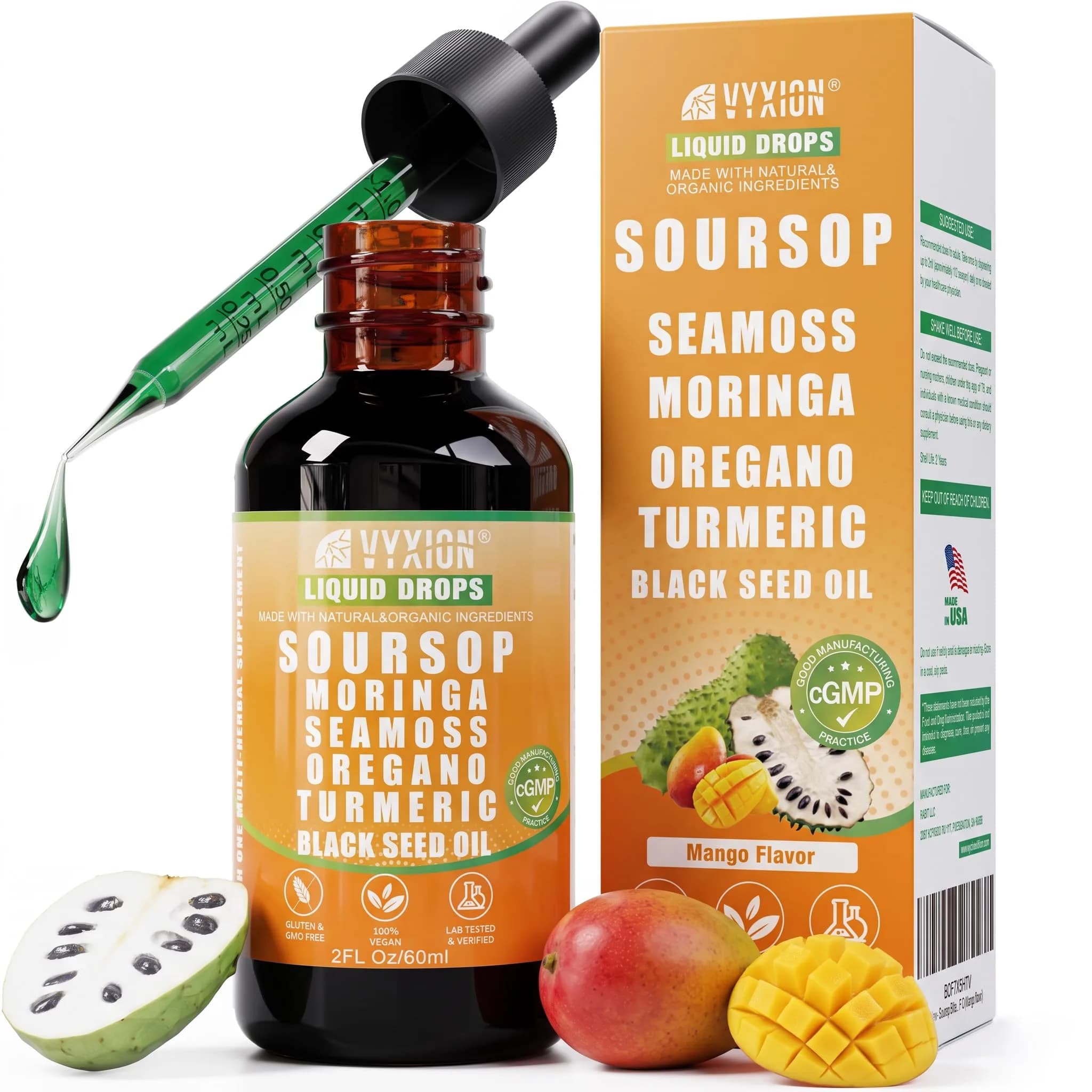 Vyxion Soursop Bitters Liquid Drops 2 Fl Oz Mango | 10-in-1 Herbal Extracts for Overall Wellness